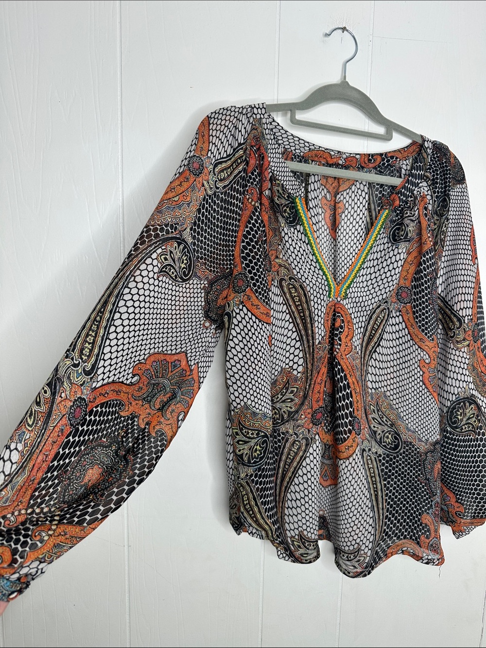 Sheer Paisley V-Neck Blouse in Orange and Black - Picture 3 of 6